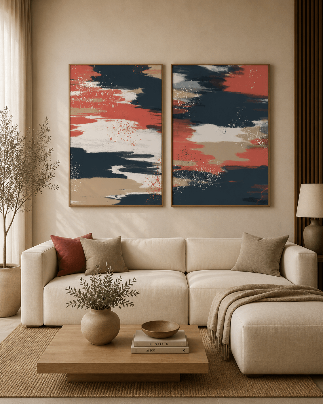 KIT 2 QUADROS DECORATIVOS - ABSTRATO PINCELADAS SALMÃO E AZUL